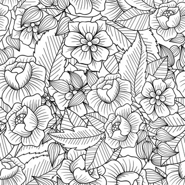 Doodle flowers and leaves seamless pattern. Zentangle style floral background.