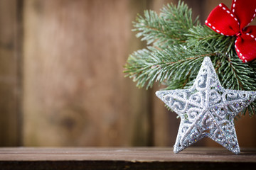 On wooden background Christmas decor.