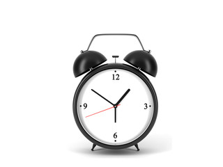 A black alarm clock is on white background with copy space.