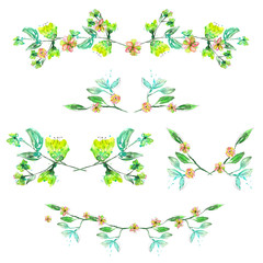 Set of frame borders, floral decorative ornaments with watercolor flowers, leaves and branches painted in watercolor on a white background for greeting card, decoration postcard or wedding invitation