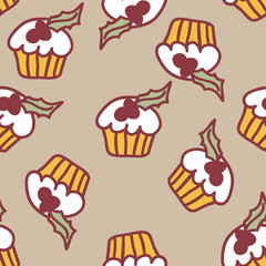 Cupcake pattern. Christmas greeting card template, Merry Christmas. Doodle.