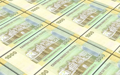 Yemeni rials bills stacked background. Computer generated 3D photo rendering.