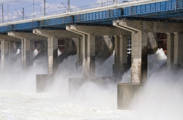 Reset of water at hydroelectric power station on the river