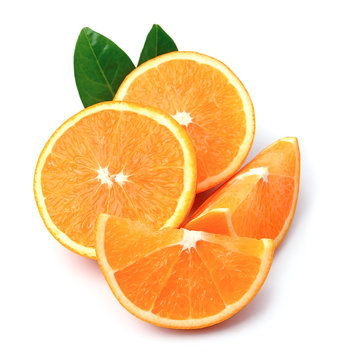 Sweet orange fruit with leaves on white