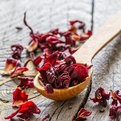 Dry hibiscus tea in wood spoon - obrazy, fototapety, plakaty