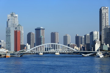 Naklejka premium 隅田川河口より望む高層マンション群の風景