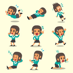 Cartoon businesswoman character poses on yellow background