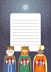Plantilla de carta para niños con Reyes Magos y líneas de escritura