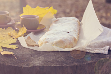 Strudel with apples, pumpkin, apricots, lemon. Autumn table decoration