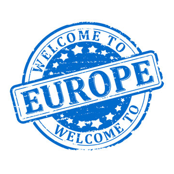 Scratched blue stamp with the words - welcome to europe - vector svg