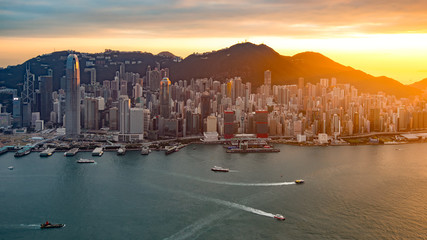 Skyline of Hong Kong at sunset from Sky 100