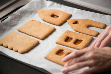 Gingerbread house parts, preparations for Christmas