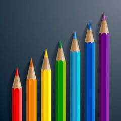 Infographic rainbow color pencils with realistic shadows diagonal growth chart on black background