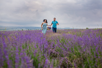 Young couple harvesting lavender flowers