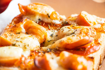 Toast homemade pizza split slices are good.Selective focus used.