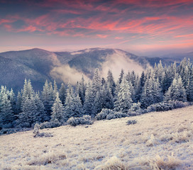 Colorful winter sunrise in the mountains.