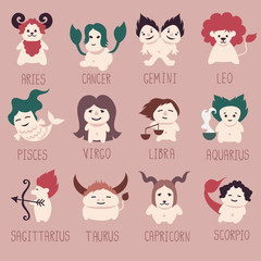 set of cartoon signs of the zodiac. vector illustration