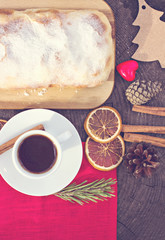 Strudel with custard and orange. Christmas Stollen. Christmas table decoration.