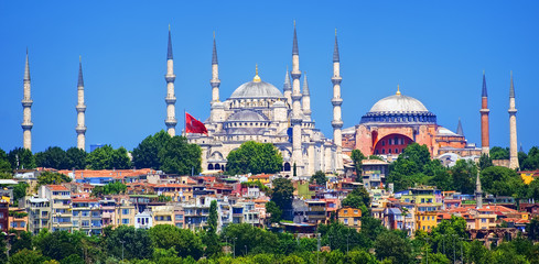 Panoramic view of Istanbul with minarets of Blue Mosque and Hagia Sophia cathedral, Turkey