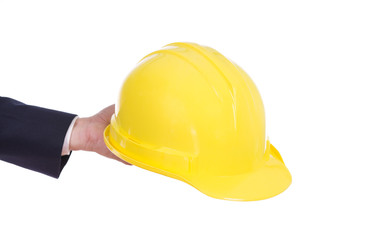 hand of engineer holding helmet
