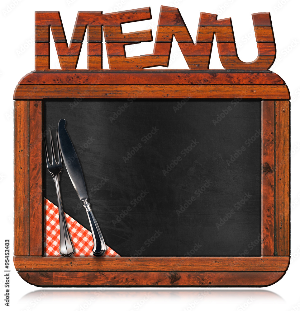 Aufkleber old empty blackboard with text menu / old empty blackboard with wooden rectangular frame with text m