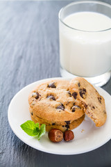 Chocolate chip cookies on white plate