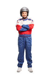 Young male car racer with a gray helmet