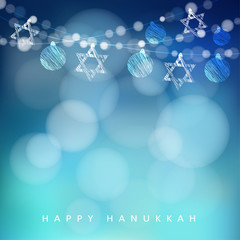 Jewish holiday Hannukah greeting card with garland of lights and jewish stars, vector