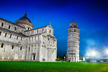 Pisa Cathedral with the Leaning Tower of Pisa, Tuscany, Italy at night