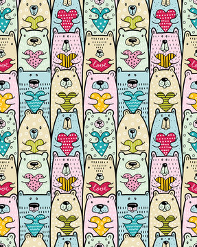 Fototapeta Bears with hearts. Vector seamless pattern