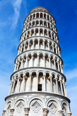 The Leaning Tower of Pisa, Tuscany, Italy. Wide angle view