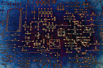 Abstract tech based on electronic scheme diagram of retro television. Makro. Grunge.