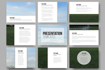Set of 9 templates for presentation slides. Park landscape. Abstract multicolored backgrounds. Natural geometrical patterns. Triangular and hexagonal style vector illustration