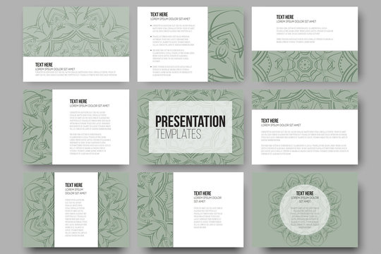 Set of 9 vector templates for presentation slides. Modern stylish geometric backgrounds, round ornamental shapes