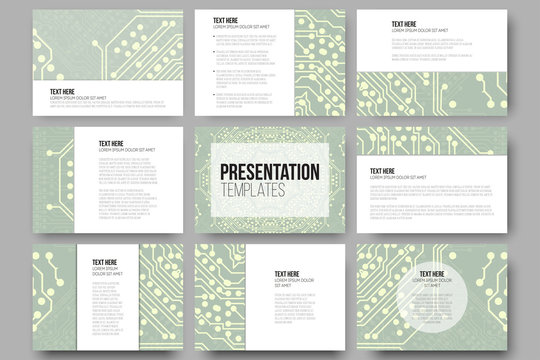 Set of 9 templates for presentation slides. Microchip backgrounds, electrical circuits backdrops. Business patterns, science vector design