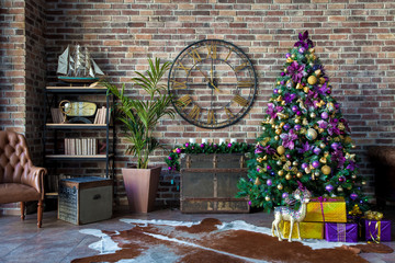 Christmas and New Year decorated interior room