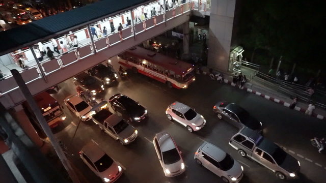 Bangkok, Thailand: October 2015: evening traffic after work rush hour in Bangkok. Transit between sky train and bus at Mo Chit station
