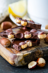 Selection of chocolate and nuts, copy space