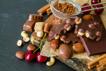 Selection of chocolate and nuts, copy space