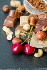 Selection of chocolate and nuts, copy space