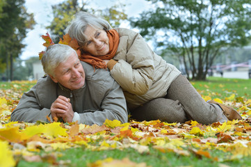 Naklejka na ściany i meble Elderly couple sitting in autumn nature