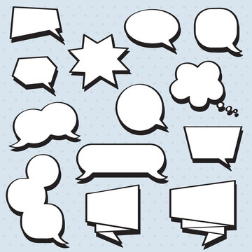 Vector speech bubbles set in black and white colors with shadows on the grey background with dots. Perfect for comics pictures!
