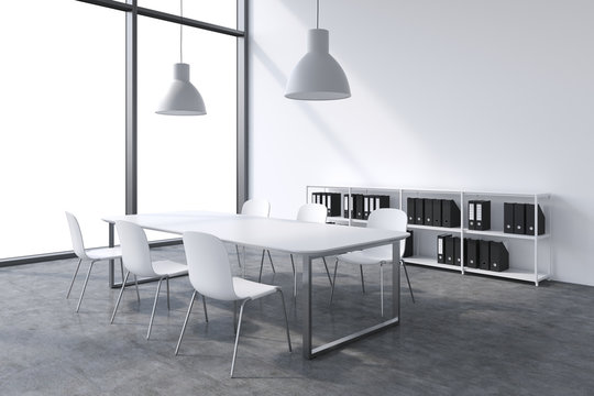 A conference room in a modern panoramic office with white copy space in windows. White table, white chairs, two white ceiling lights and a bookcase. 3D rendering.
