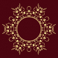 Circular floral pattern in yellow shades on burgundy background.