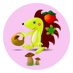 cute hedgehog collects apples and mushrooms in the forest. hedgehog collects supplies for the winter