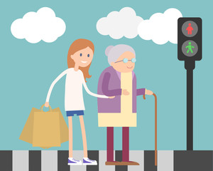 Girl helping old woman