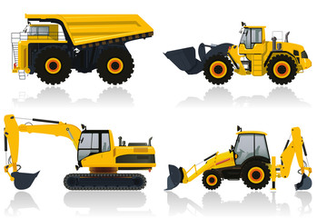 Detailed vector illustration of industrial machines: bulldozer, truck, crawler, excavator. Can be used for creating infographic illustration, industrial print posters and cards