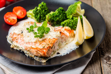 Grilled Salmon Steak with Cream sauce