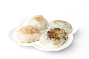 steamed chives dumplings isolated on white background (can stuffed with garlic chives or taro or yam bean mixed with small shrimp)