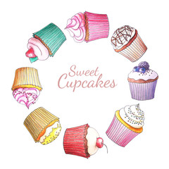 Cupcakes drawn by color pencils